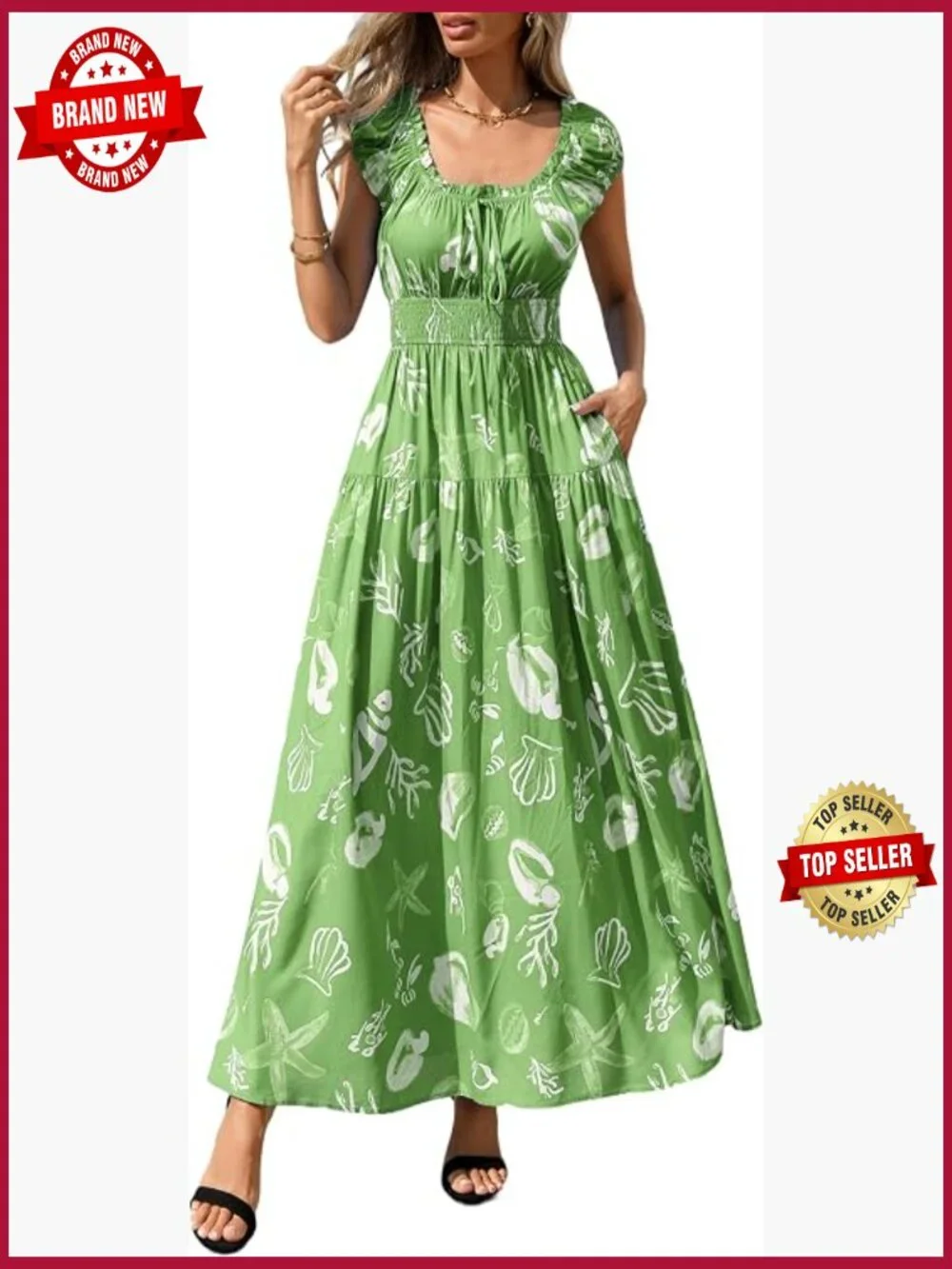 Women's Boho Floral Maxi Sun Dress - Flowy A Line, Smocked Waist, Square Neck,